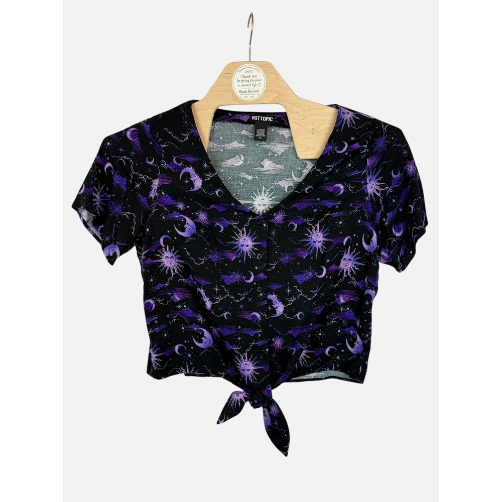 Hot Topic Celestial Tie Front Crop Top XL Purple Sun Moon Witchy - Picture 5 of 8